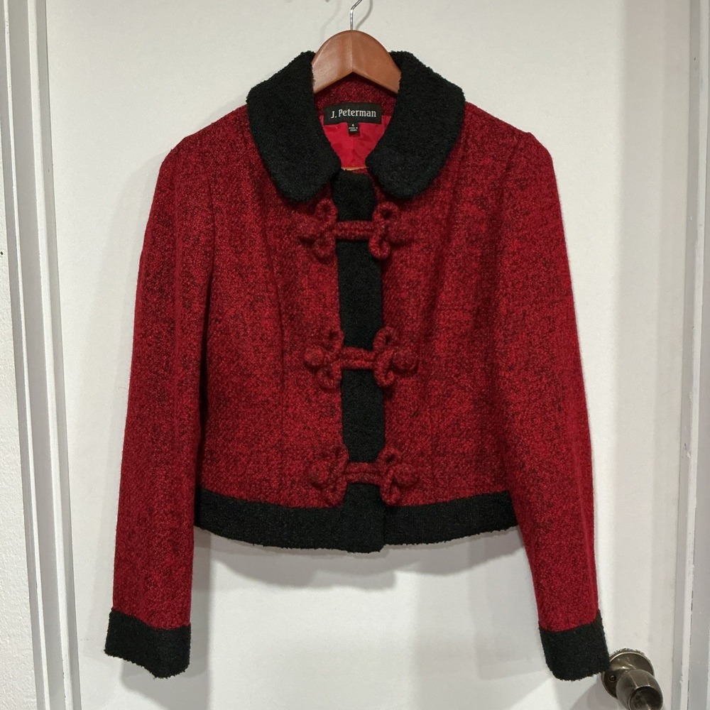 J. Peterman Women's 4 Jacket Red Boucle Crop Length Asian Frog Knot Closure EUC